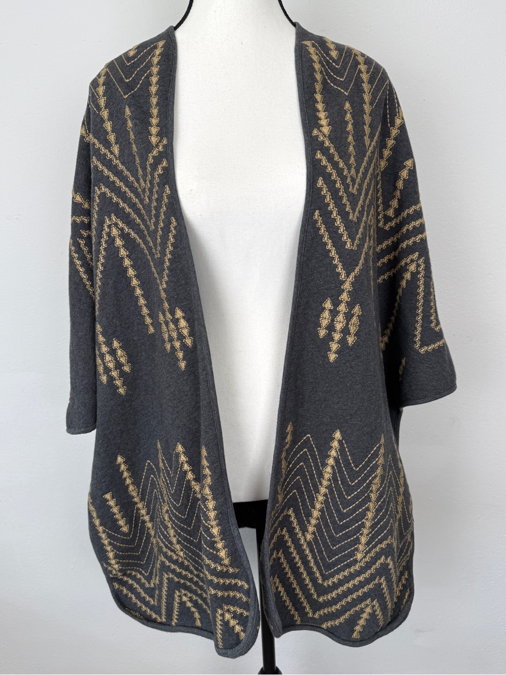 Johnny Was JW Los Angeles S Embroidered Open Front Cardigan Kimono Gray Gold
